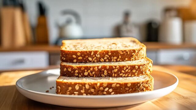 Close up of sliced bread on a white plate wheat bread texture kitchen background food concept