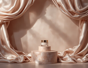 Luxury Skincare Mockup with Floating Silk Fabric and Elegant Product Pedestal