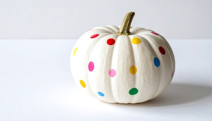 White pumpkin decorated with multicolor polka dots on neutral surface