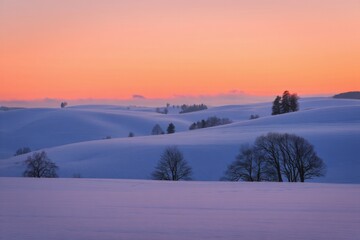 Tranquil Winter Landscape at Dusk With Rolling Snow-Covered Hills and Gentle Pink Tones in the Sky