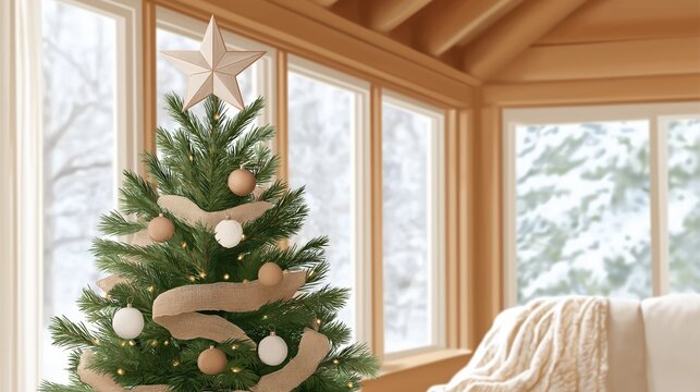 Cozy Christmas scene with a decorated tree in a rustic home. Winter holiday background with a snowy view from the window