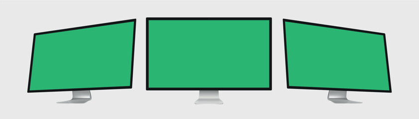 Three devices with green screen. Smartphone, computer and laptop with place for advertising. Modern gadgets with chromakey space on screen. Mobile phone, PC and notebook.