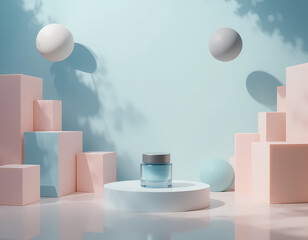 Minimalist Product Mockup with Floating Geometric Shapes and Pastel Background