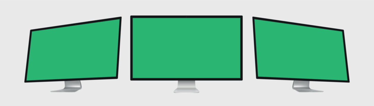 Three devices with green screen. Smartphone, computer and laptop with place for advertising. Modern gadgets with chromakey space on screen. Mobile phone, PC and notebook.