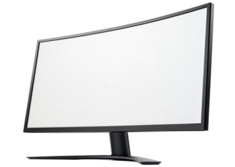 black curved gaming computer monitor with a blank white screen isolated on a transparent background.