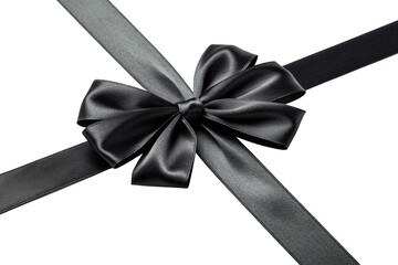 black satin gift bow with ribbons isolated on a transparent background.