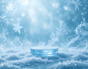 Winter Frost Skincare Mockup with Crystal Ice Background and Transparent Pedestal