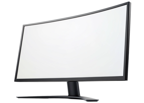 black curved gaming computer monitor with a blank white screen isolated on a transparent background. - Powered by Adobe