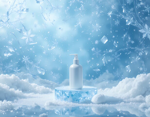 Winter Frost Skincare Mockup with product, Crystal Ice Background and Transparent Pedestal