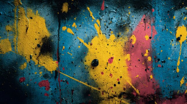 Vibrant primary colors aggressively splash across a textured, dark background surface.