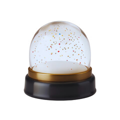 A clear glass snow globe with colorful confetti and tiny shapes on a dark base