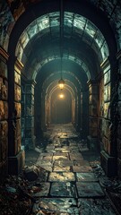 Obraz premium Mysterious Dimly Lit Underground Passage with Stone Walls and Lantern