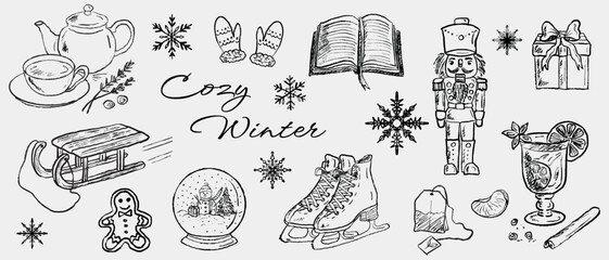 Hand drawn cozy winter elements: teapot, mittens, nutcracker, sled, ice skates, snow globe, gifts, citrus tea, gingerbread, snowflakes. Vector sketch illustration in vintage crayon charcoal style © Nataliya Pokrovska