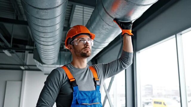 Construction worker in hard hat and safety glasses inspecting large industrial ventilation pipes