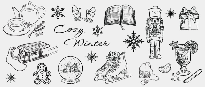 Hand drawn cozy winter elements: teapot, mittens, nutcracker, sled, ice skates, snow globe, gifts, citrus tea, gingerbread, snowflakes. Vector sketch illustration in vintage crayon charcoal style