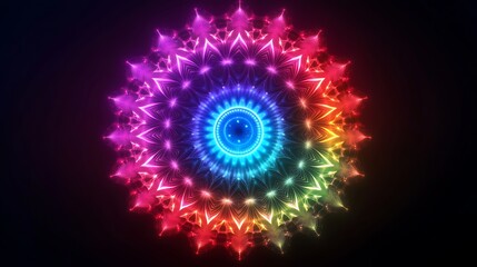Vibrant Mandala Art: An intricate, radiant mandala shines with a spectrum of colors, captivating the eye with its complex symmetry and mesmerizing design. 