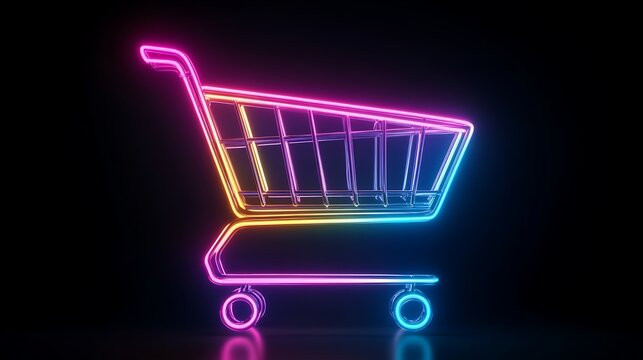 Neon Shopping Cart: A vibrant neon shopping cart illuminates the darkness, representing the ease and convenience of online shopping and e-commerce.