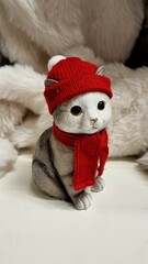 A small cat figurine wears a red knit hat with a white pom-pom and a matching red scarf. Its grey color contrasts with the soft, plush white and grey fabric surrounding it, creating  winter-themed