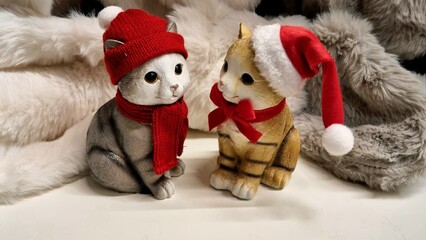 Two Christmas Santa cats sitting side by side in red hats on a winter background, gifts for children and winter holidays.