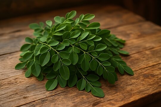 Close-up capturing a vibrant bunch of moringa leaves displayed on rustic, brown wooden surface.