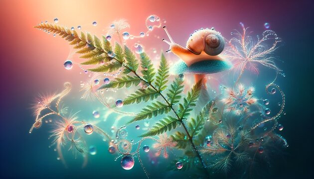 adorable snail and  delicate fern-like plant with feathery green fronds 