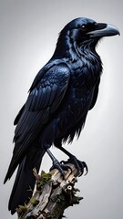 Obraz premium Majestic Black Raven Perched on Branch with Detailed Feather Texture
