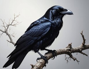 Obraz premium Majestic Black Raven Perched on Gnarled Tree Branch in Nature