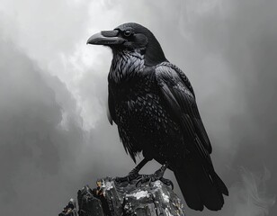 Obraz premium Majestic Black Raven Perched on a Rocky Outcrop Against Gray Sky
