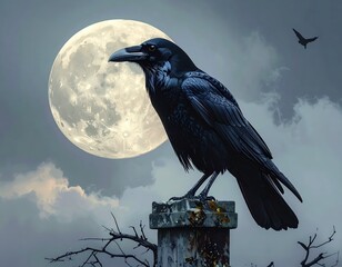 Obraz premium Majestic Raven Silhouetted Against a Full Moon and Dramatic Sky