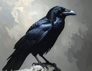 Naklejka premium Majestic Black Raven Sitting on Rock with Mysterious Background