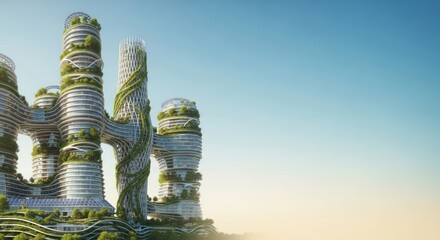 Futuristic Eco-Friendly Cityscape concept featuring buildings covered with greenery