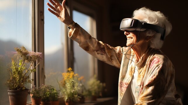Senior woman exploring virtual reality with vr headset in her living room