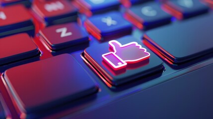Close-up of a computer keyboard with a glowing like button. The keys are illuminated in blue and red, creating a modern tech aesthetic.