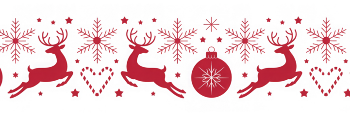 Vector red decorative christmas horizontal seamless pattern with deer, snowflakes, stars and ornaments
