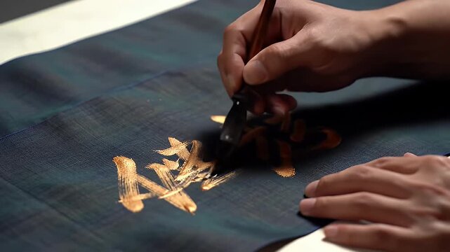 close-up of hand embroidering delicate gold floral patterns on dark blue fabric with fine needlework detail