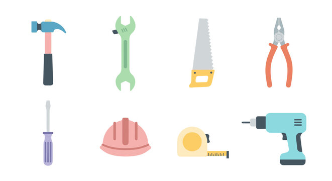 Essential tools set: hammer, wrench, saw, pliers, screwdriver, helmet, tape measure, drill