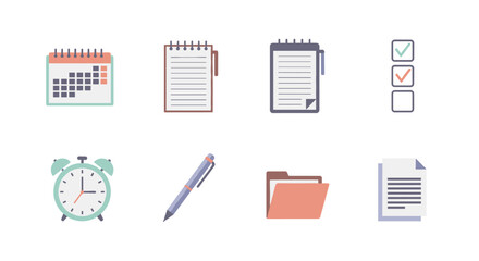 Office supplies icons set: calendar, notepad, checklist, alarm clock, pen, folder, document