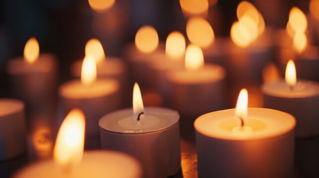 Close-up of multiple lit brown candles with soft glowing flames in a dark setting, creating a warm and calm atmosphere.