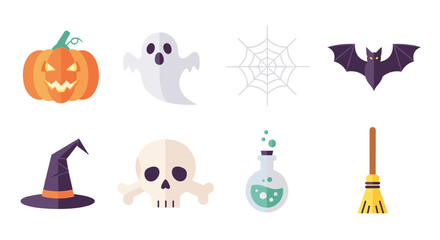 Halloween icons set: ghosts, pumpkins, bats, and spooky symbols in flat design