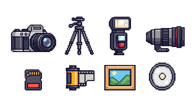 Pixel art camera equipment set: retro icons for photography enthusiasts