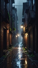 Fototapeta premium Rainy Alley at Night with Warm Street Light and Reflections