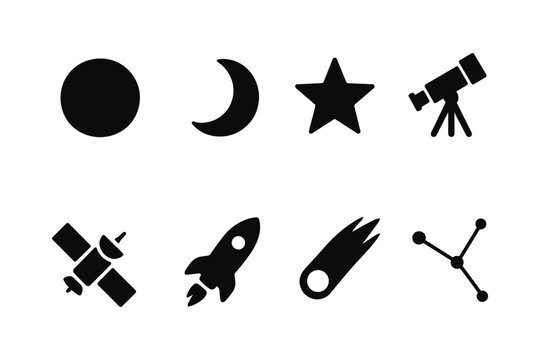 Silhouette space icons: symbols of planets, telescope, rocket, and more for astronomy enthusiasts