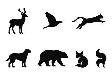Obraz premium Wildlife silhouette set featuring deer, bird, fox, and more in black
