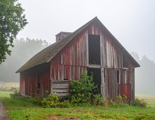 Obraz premium Weathered Red Barn Surrounded by Fog in Tranquil Landscape Scene