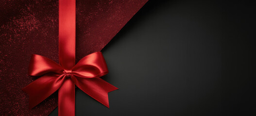gift card wishes merry christmas background with red ribbon bow on black shiny vibrant color texture template with blank copy space
