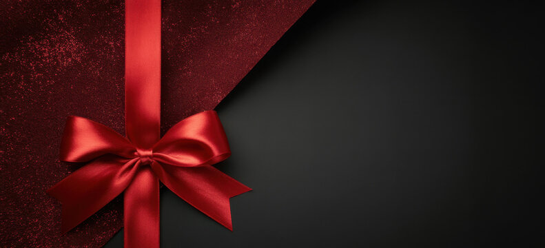 gift card wishes merry christmas background with red ribbon bow on black shiny vibrant color texture template with blank copy space
