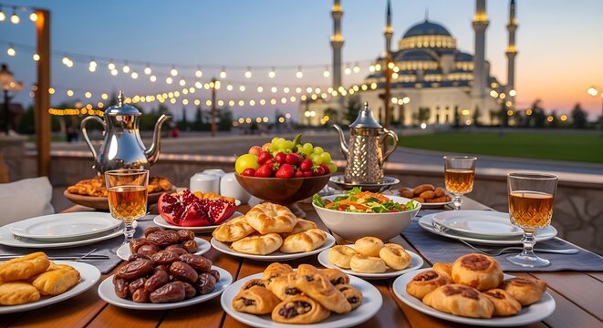 Photo of iftar meal spread with dates, pastries, fruits, and tea, with a mosque in the background during ramadan