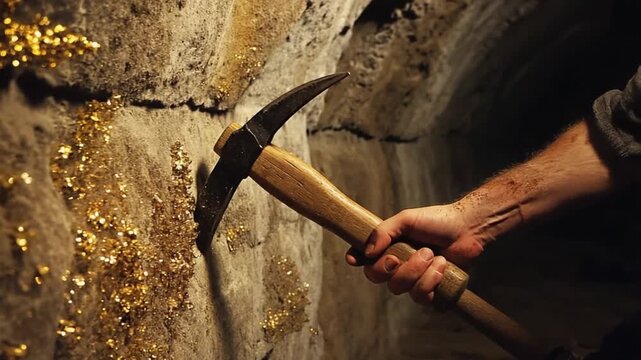 Mining for gold with a pickaxe.