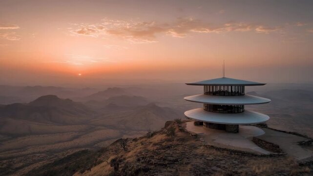 Modern pavilion on mountain ridge during sunset with cloudy sky, representing off-grid, independent, eco-living concept  