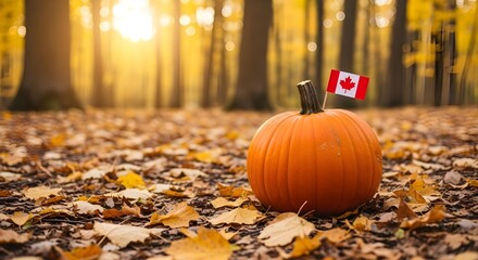 Autumn Scene with Pumpkin and Canadian Flag in Fall Leaves